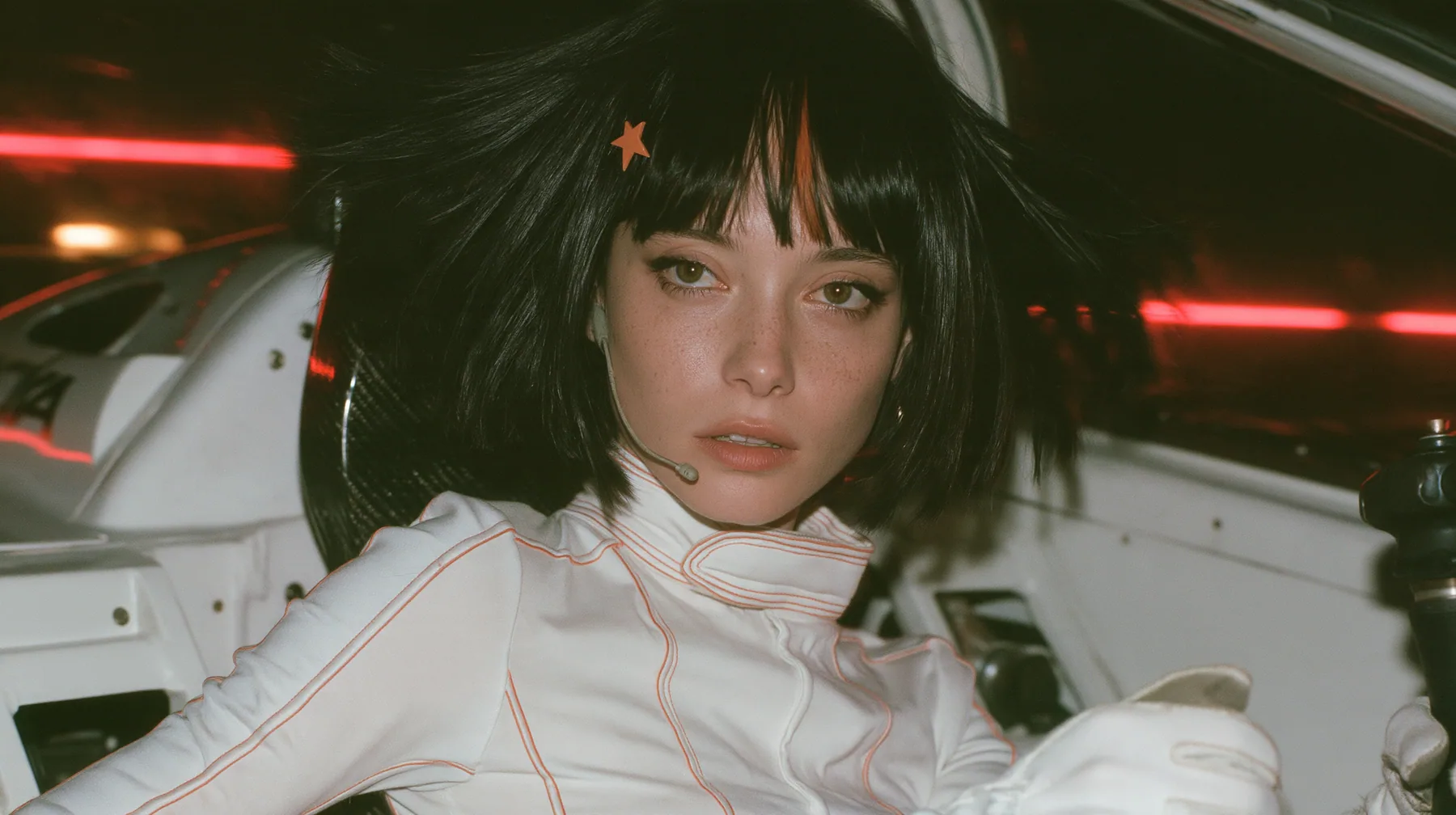 medium close-up, eye level, a 28-year-old Caucasian American woman with a grown-up angular face, defined cheekbones and a strong jawline, pale skin and light freckles, a glossy black blunt jaw-length bob with heavy…