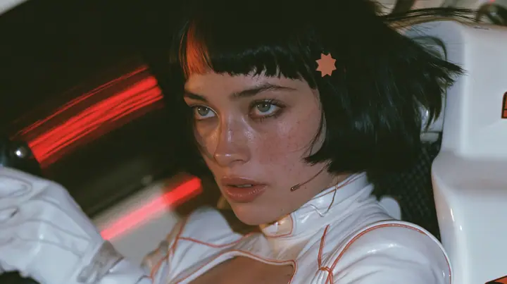 profile close-up, a 28-year-old Caucasian American woman with a grown-up angular face, defined cheekbones and a strong jawline, pale skin and light freckles, a glossy black blunt jaw-length bob with heavy straight…