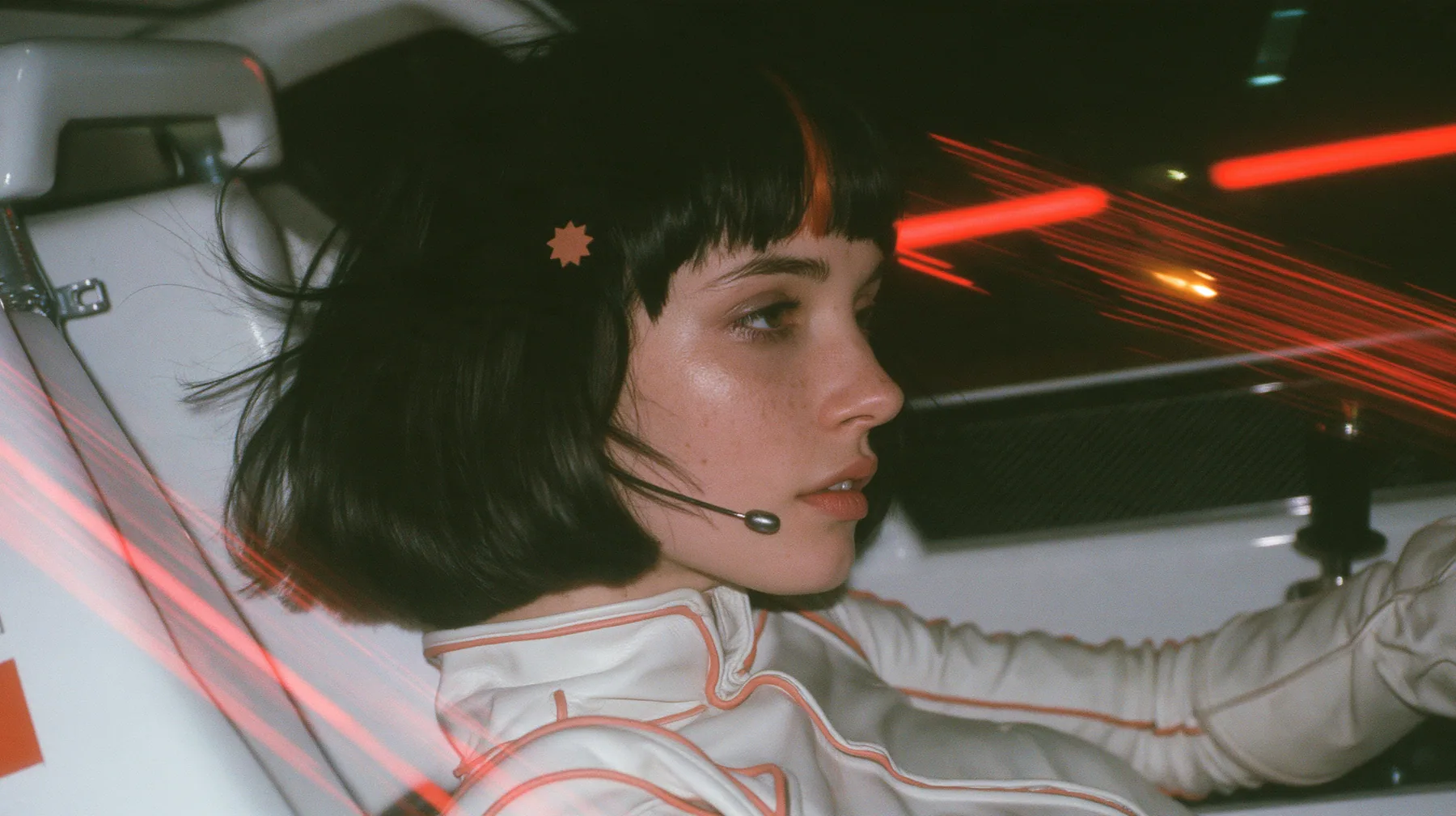 profile close-up, a 28-year-old Caucasian American woman with a grown-up angular face, defined cheekbones and a strong jawline, pale skin and light freckles, a glossy black blunt jaw-length bob with heavy straight…