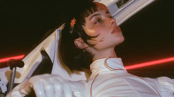 profile close-up, a 28-year-old Caucasian American woman with a grown-up angular face, defined cheekbones and a strong jawline, pale skin and light freckles, a glossy black blunt jaw-length bob with heavy straight…