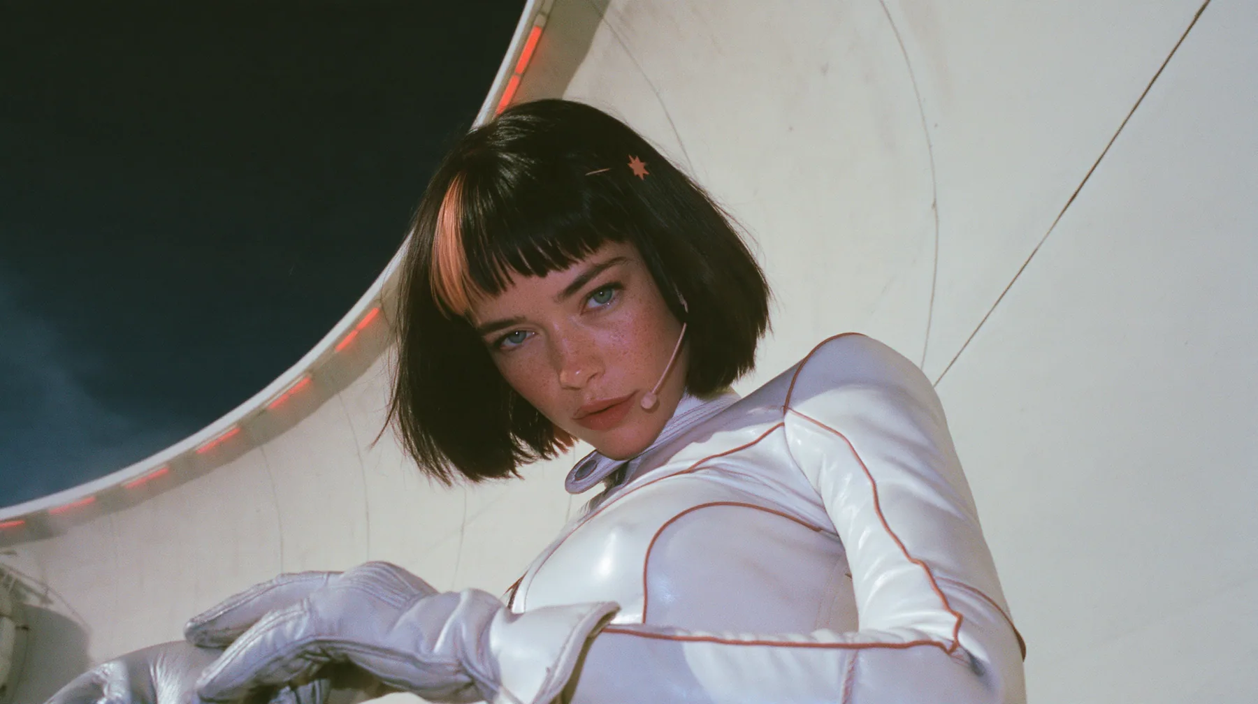 medium shot from low, a 28-year-old Caucasian American woman with a grown-up angular face, defined cheekbones and a strong jawline, pale skin and light freckles, a glossy black blunt jaw-length bob with heavy…