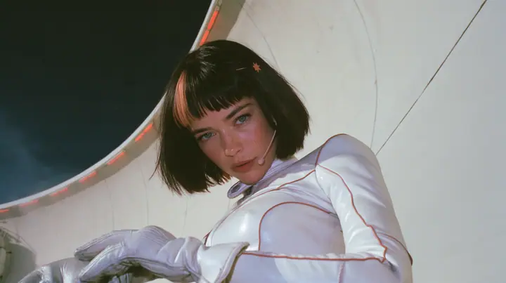 medium shot from low, a 28-year-old Caucasian American woman with a grown-up angular face, defined cheekbones and a strong jawline, pale skin and light freckles, a glossy black blunt jaw-length bob with heavy…