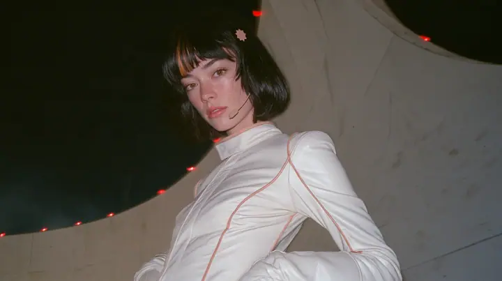 medium shot from low, a 28-year-old Caucasian American woman with a grown-up angular face, defined cheekbones and a strong jawline, pale skin and light freckles, a glossy black blunt jaw-length bob with heavy…
