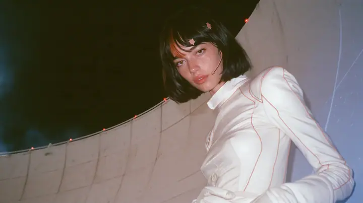 medium shot from low, a 28-year-old Caucasian American woman with a grown-up angular face, defined cheekbones and a strong jawline, pale skin and light freckles, a glossy black blunt jaw-length bob with heavy…
