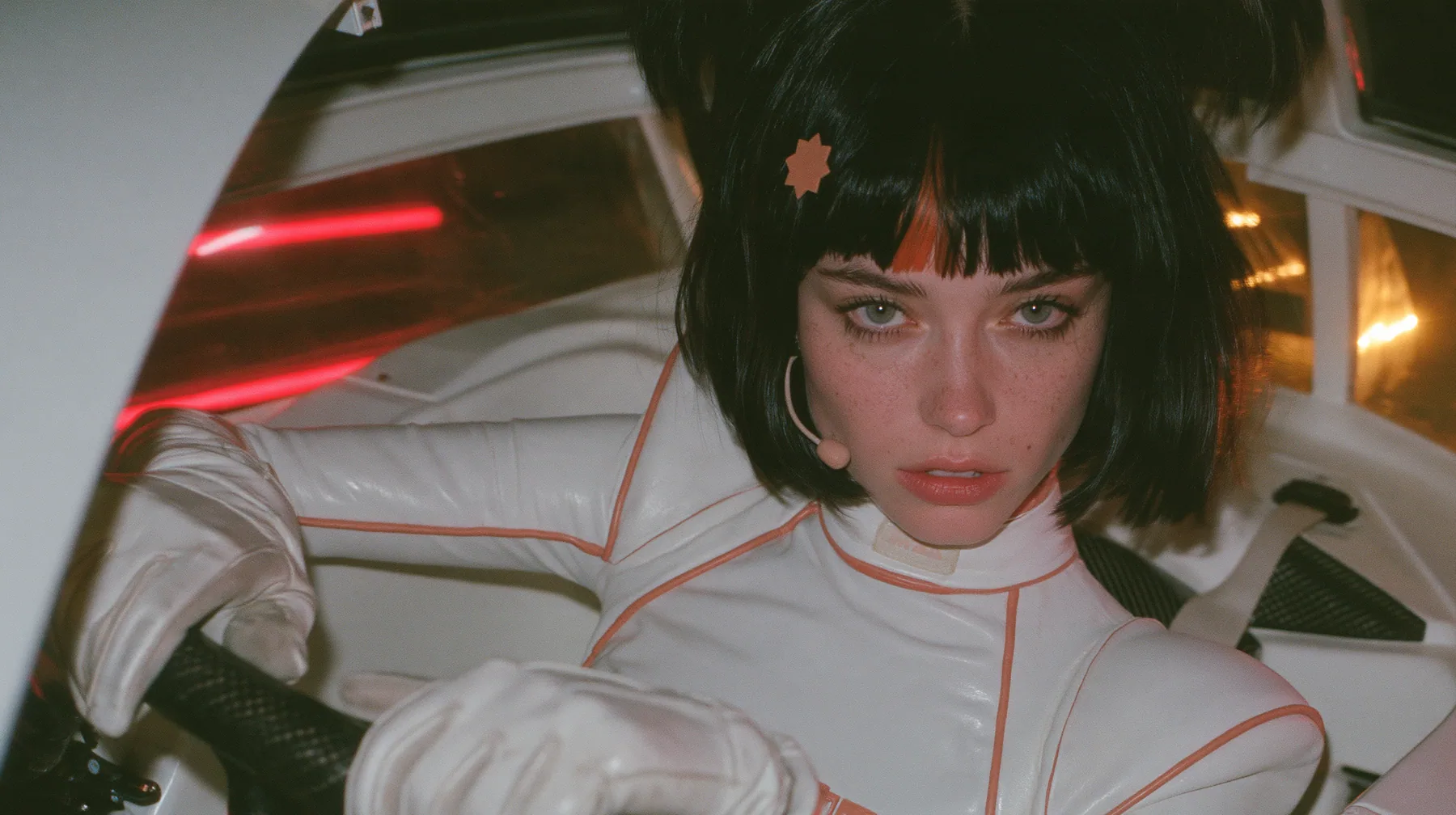 medium shot from the passenger side, a 28-year-old Caucasian American woman with a grown-up angular face, defined cheekbones and a strong jawline, pale skin and light freckles, a glossy black blunt jaw-length bob…