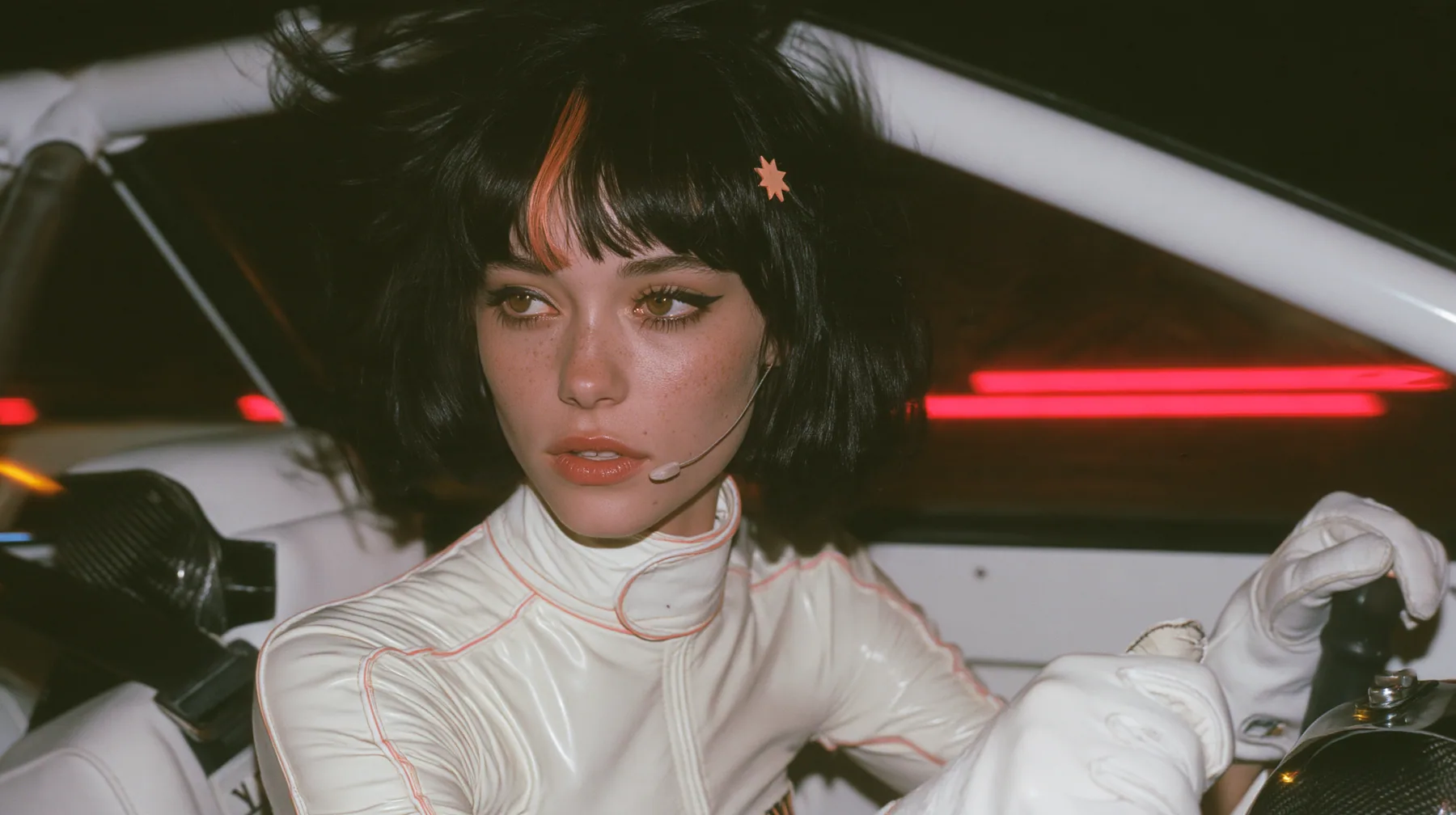 medium shot from the passenger side, a 28-year-old Caucasian American woman with a grown-up angular face, defined cheekbones and a strong jawline, pale skin and light freckles, a glossy black blunt jaw-length bob…