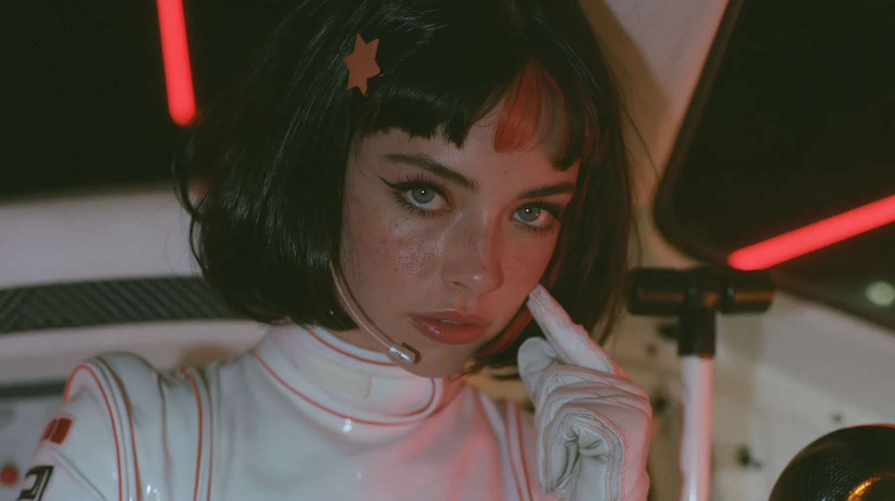 close-up, a 28-year-old Caucasian American woman with a grown-up angular face, defined cheekbones and a strong jawline, pale skin and light freckles, a glossy black blunt jaw-length bob with heavy straight bangs and…