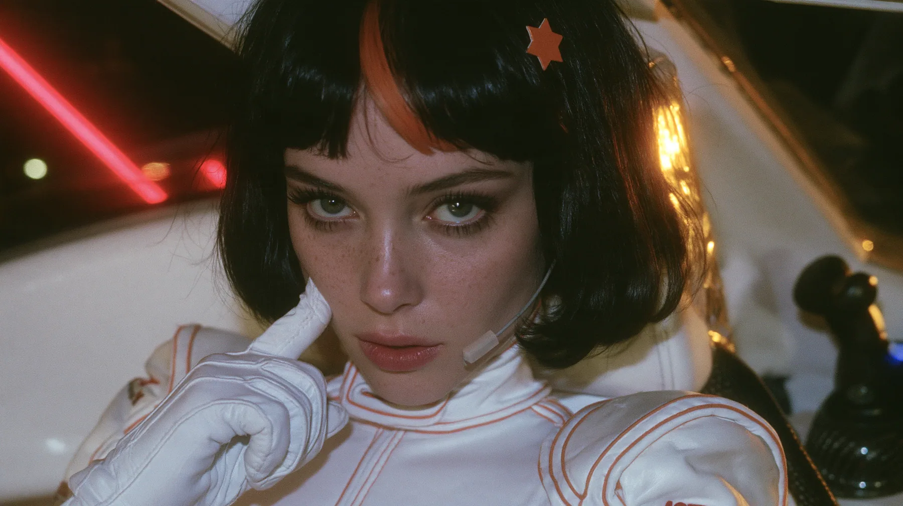 close-up, a 28-year-old Caucasian American woman with a grown-up angular face, defined cheekbones and a strong jawline, pale skin and light freckles, a glossy black blunt jaw-length bob with heavy straight bangs and…