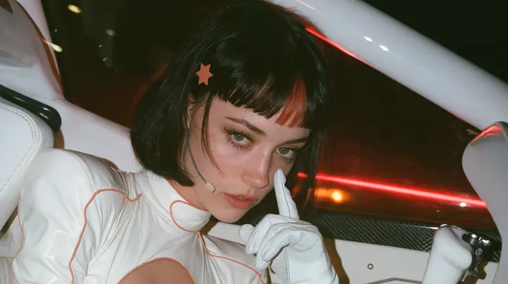 close-up, a 28-year-old Caucasian American woman with a grown-up angular face, defined cheekbones and a strong jawline, pale skin and light freckles, a glossy black blunt jaw-length bob with heavy straight bangs and…