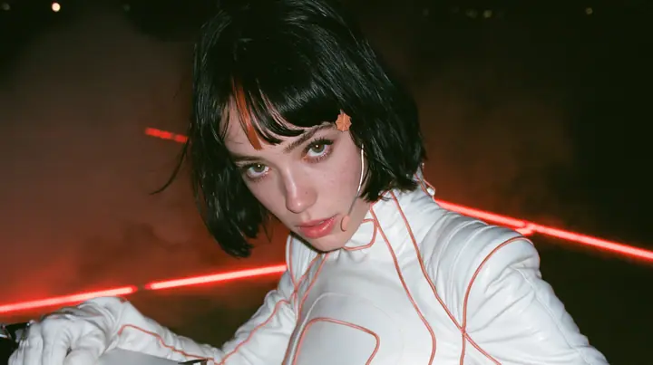close-up, eye level, looking straight into the lens, a 28-year-old Caucasian American woman with a grown-up angular face, defined cheekbones and a strong jawline, pale skin and light freckles, a glossy black blunt…