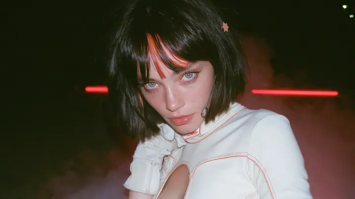 close-up, eye level, looking straight into the lens, a 28-year-old Caucasian American woman with a grown-up angular face, defined cheekbones and a strong jawline, pale skin and light freckles, a glossy black blunt…