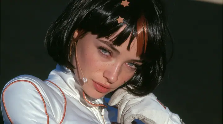 close-up portrait, eye level, a 28-year-old Caucasian American woman with a grown-up angular face, defined cheekbones and a strong jawline, pale skin and light freckles, a glossy black blunt jaw-length bob with heavy…