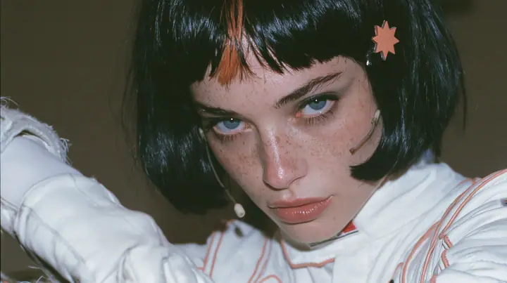 close-up portrait, eye level, a 28-year-old Caucasian American woman with a grown-up angular face, defined cheekbones and a strong jawline, pale skin and light freckles, a glossy black blunt jaw-length bob with heavy…