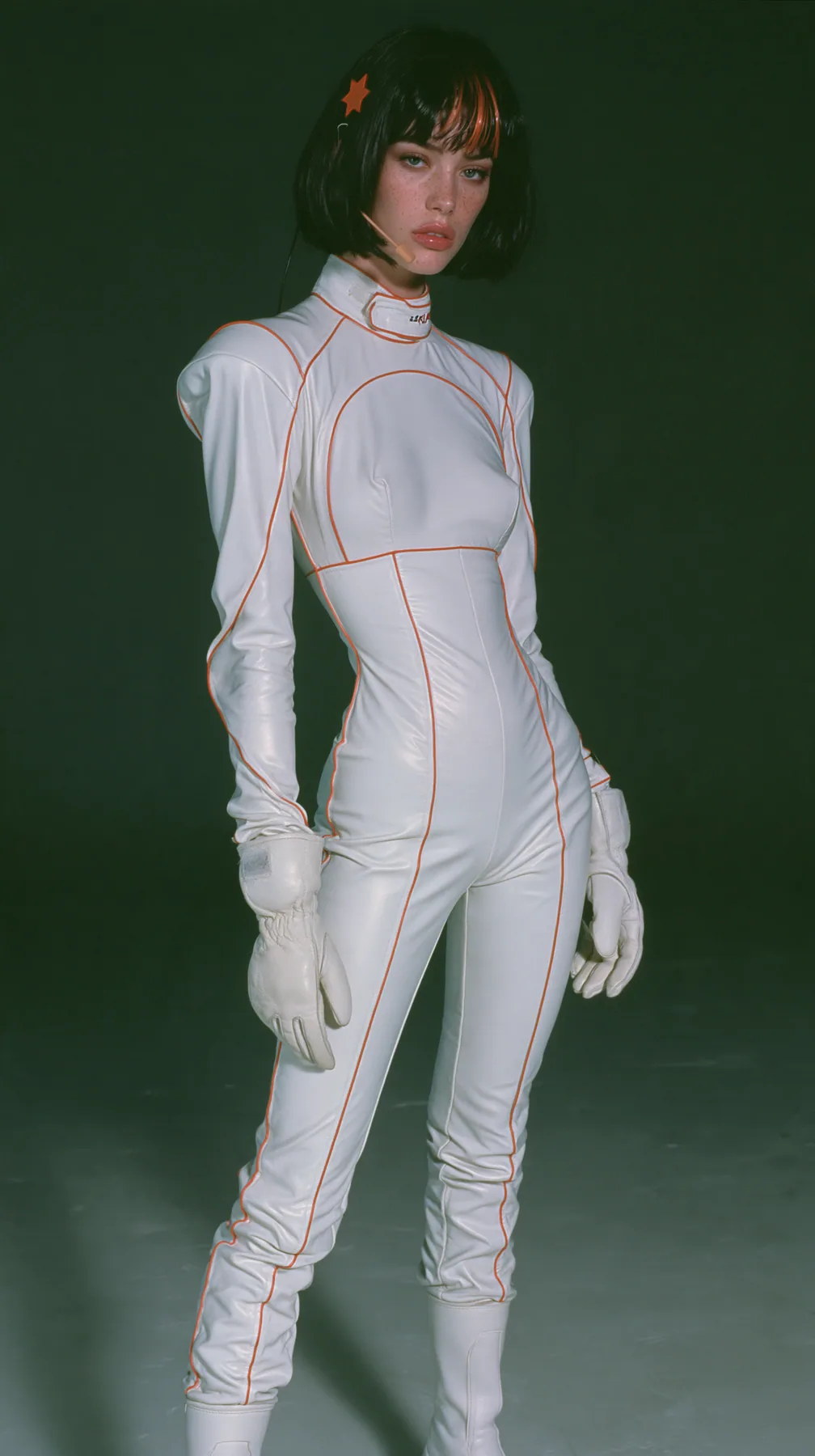 full-length shot, a 28-year-old Caucasian American woman with a grown-up angular face, defined cheekbones and a strong jawline, pale skin and light freckles, a glossy black blunt jaw-length bob with heavy straight…