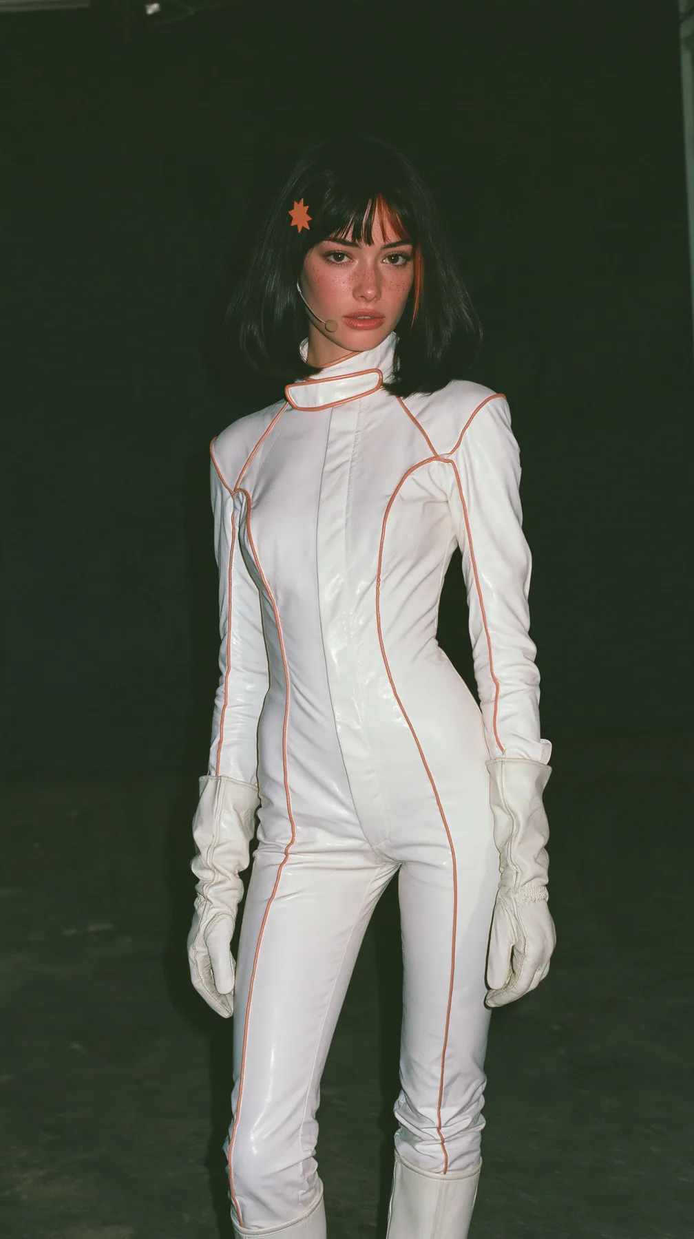 full-length shot, a 28-year-old Caucasian American woman with a grown-up angular face, defined cheekbones and a strong jawline, pale skin and light freckles, a glossy black blunt jaw-length bob with heavy straight…