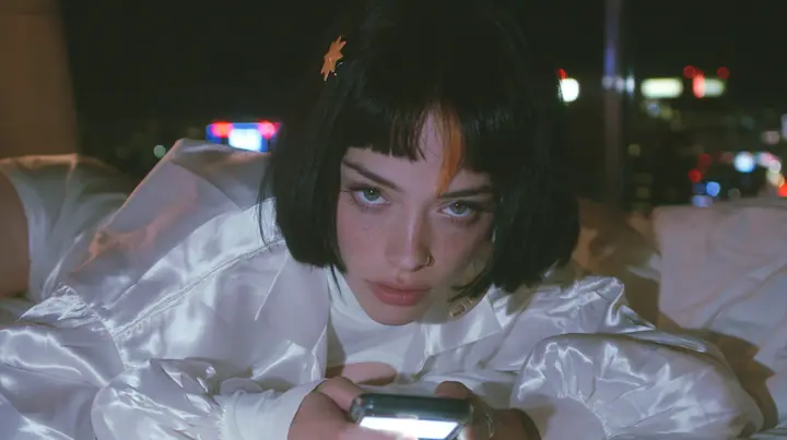medium shot at mattress height, a 28-year-old Caucasian American woman with a grown-up angular face, defined cheekbones and a strong jawline, pale skin and light freckles, a glossy black blunt jaw-length bob with…