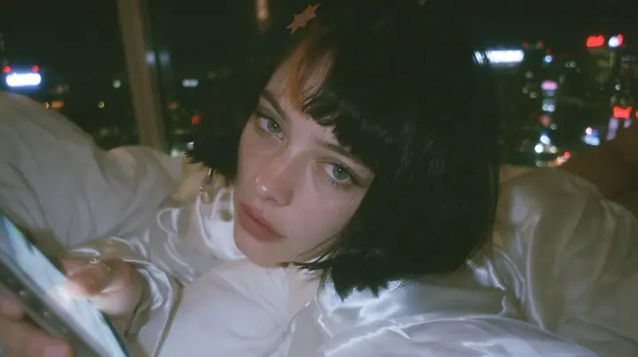 medium shot at mattress height, a 28-year-old Caucasian American woman with a grown-up angular face, defined cheekbones and a strong jawline, pale skin and light freckles, a glossy black blunt jaw-length bob with…