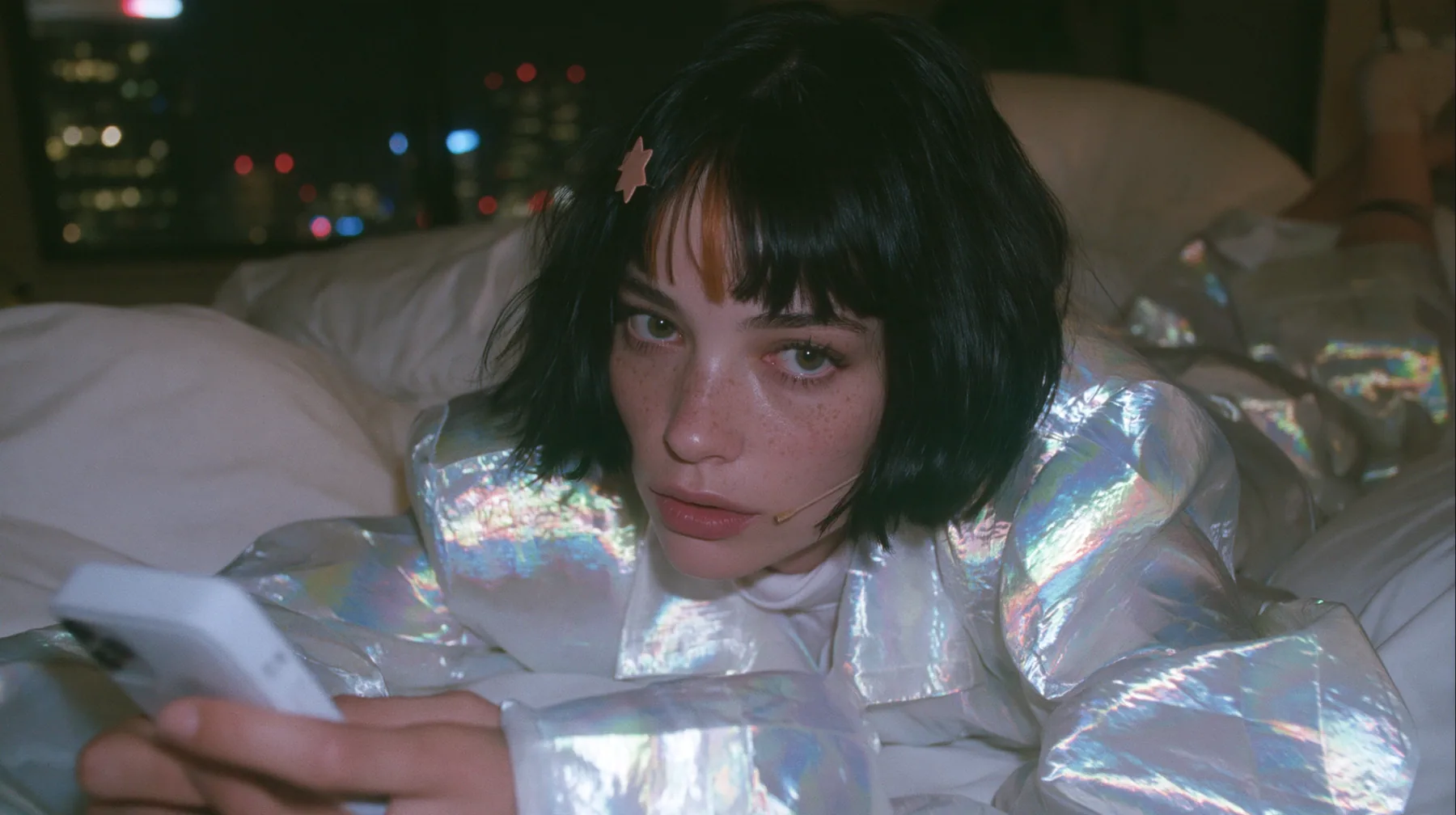 medium shot at mattress height, a 28-year-old Caucasian American woman with a grown-up angular face, defined cheekbones and a strong jawline, pale skin and light freckles, a glossy black blunt jaw-length bob with…