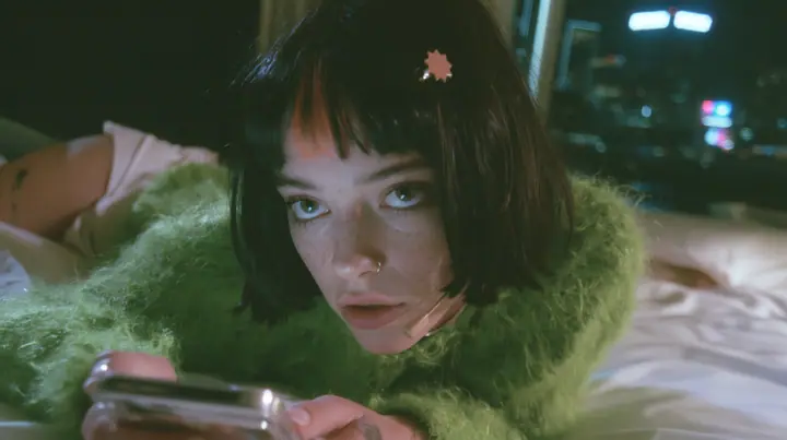 medium shot at mattress height, a 28-year-old Caucasian American woman with a grown-up angular face, defined cheekbones and a strong jawline, pale skin and light freckles, a glossy black blunt jaw-length bob with…
