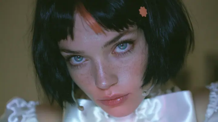 close-up, a 28-year-old Caucasian American woman with a grown-up angular face, defined cheekbones and a strong jawline, pale skin and light freckles, a glossy black blunt jaw-length bob with heavy straight bangs and…