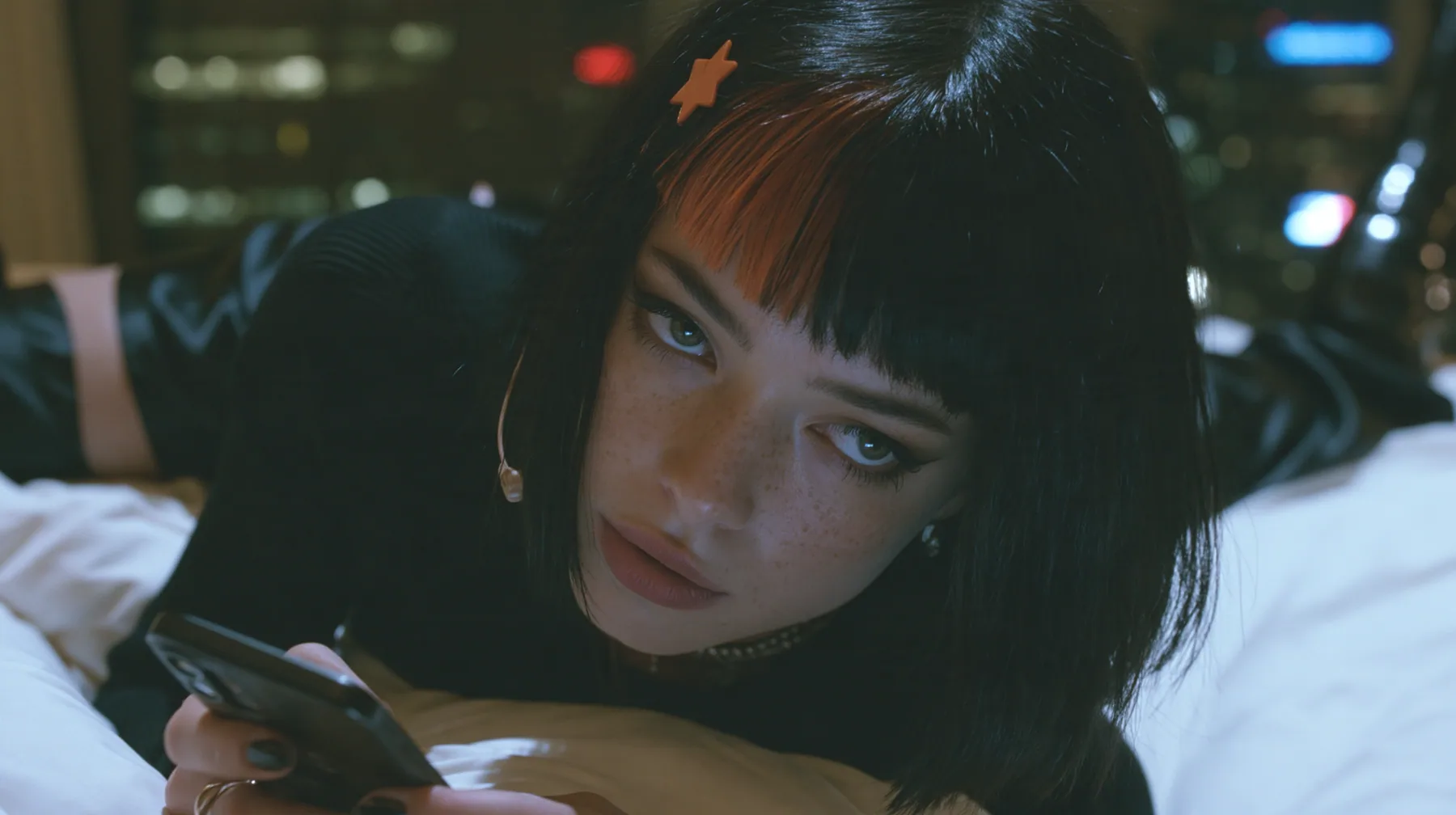 medium shot at mattress height, a 28-year-old Caucasian American woman with a grown-up angular face, defined cheekbones and a strong jawline, pale skin and light freckles, a glossy black blunt jaw-length bob with…