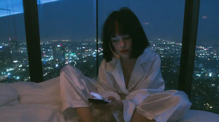 wide shot of a dark minimal high-rise bedroom at night, a floor-to-ceiling window over a glittering city, a Caucasian American woman in her late twenties with pale skin and a glossy black blunt bob with heavy…