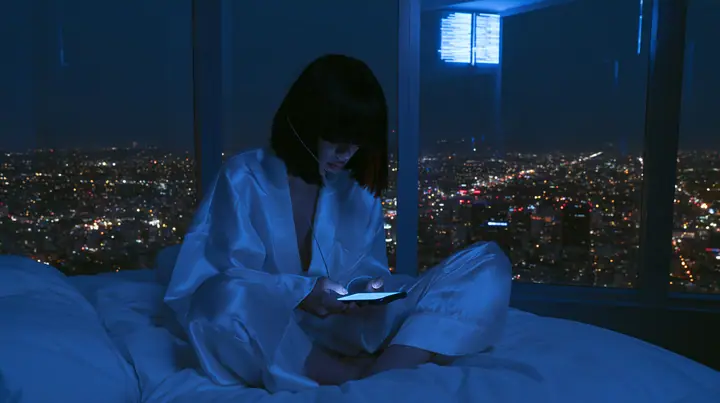 wide shot of a dark minimal high-rise bedroom at night, a floor-to-ceiling window over a glittering city, a Caucasian American woman in her late twenties with pale skin and a glossy black blunt bob with heavy…