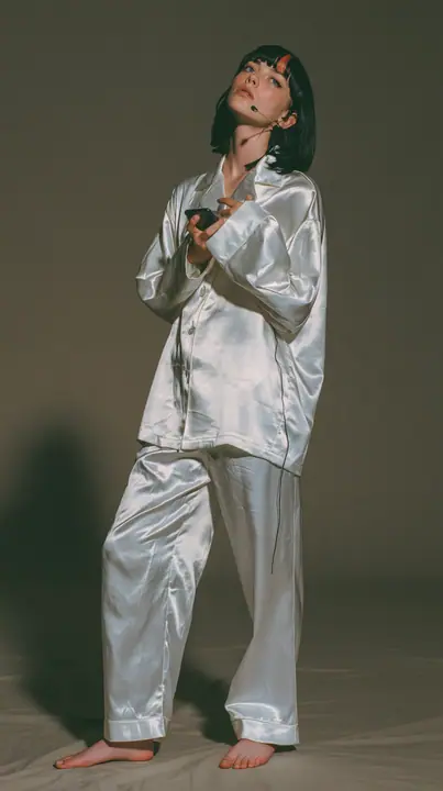 full-length shot, a Caucasian American woman in her late twenties with pale skin and a glossy black blunt bob with heavy straight bangs and one clay-orange streak, a thin headset microphone, in oversized white…