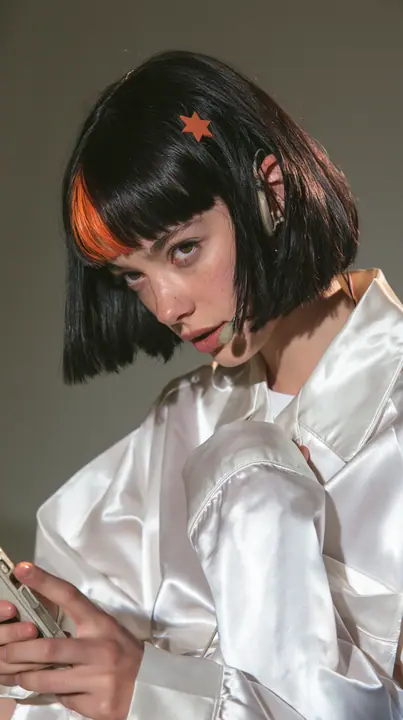 medium-full shot, a 28-year-old Caucasian American woman with a grown-up angular face, defined cheekbones and a strong jawline, pale skin and light freckles, a glossy black blunt jaw-length bob with heavy straight…