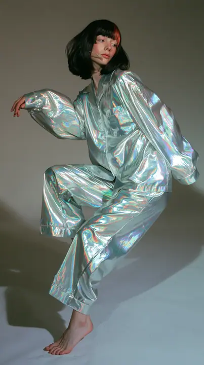 full-length shot, a Caucasian American woman in her late twenties with pale skin and a glossy black blunt bob with heavy straight bangs and one clay-orange streak, a thin headset microphone, in oversized iridescent…