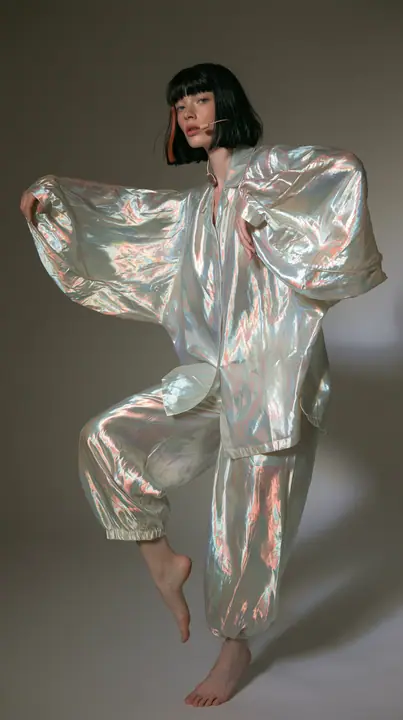 full-length shot, a Caucasian American woman in her late twenties with pale skin and a glossy black blunt bob with heavy straight bangs and one clay-orange streak, a thin headset microphone, in oversized iridescent…