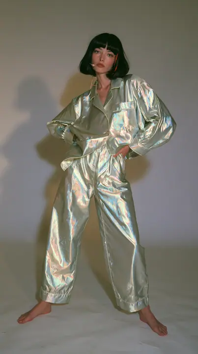 full-length shot, a Caucasian American woman in her late twenties with pale skin and a glossy black blunt bob with heavy straight bangs and one clay-orange streak, a thin headset microphone, in oversized iridescent…
