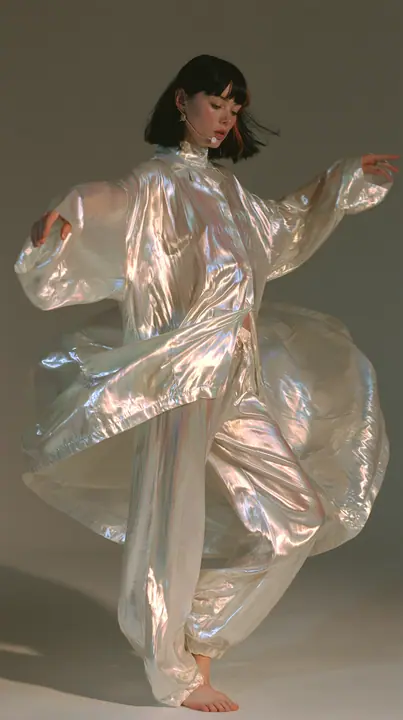 full-length shot, a Caucasian American woman in her late twenties with pale skin and a glossy black blunt bob with heavy straight bangs and one clay-orange streak, a thin headset microphone, in oversized iridescent…