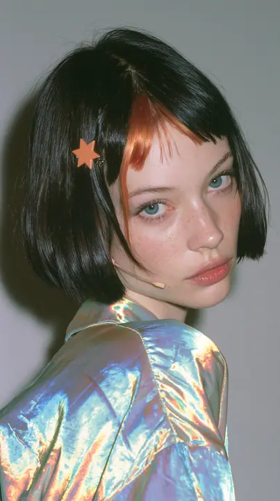 medium-full shot, a 28-year-old Caucasian American woman with a grown-up angular face, defined cheekbones and a strong jawline, pale skin and light freckles, a glossy black blunt jaw-length bob with heavy straight…