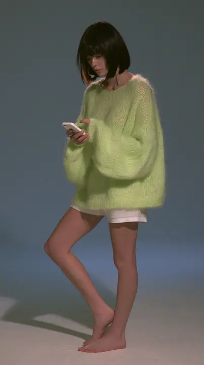 full-length shot, a Caucasian American woman in her late twenties with pale skin and a glossy black blunt bob with heavy straight bangs and one clay-orange streak, a thin headset microphone, in an oversized…