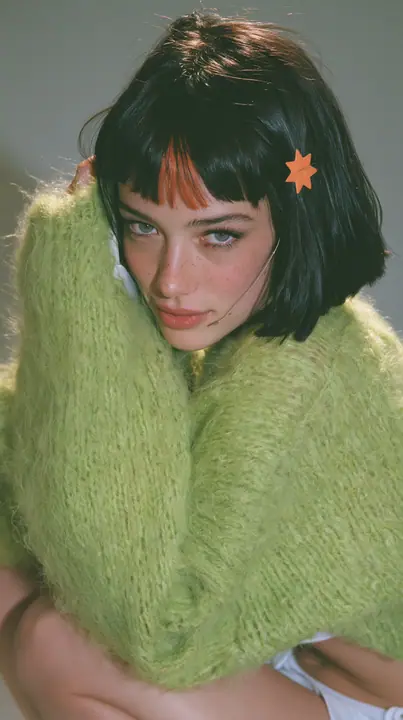 medium-full shot, a 28-year-old Caucasian American woman with a grown-up angular face, defined cheekbones and a strong jawline, pale skin and light freckles, a glossy black blunt jaw-length bob with heavy straight…