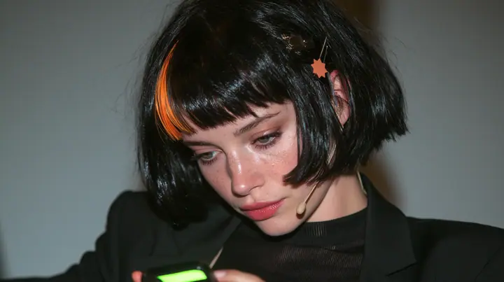 over-the-shoulder medium close-up, a 28-year-old Caucasian American woman with a grown-up angular face, defined cheekbones and a strong jawline, pale skin and light freckles, a glossy black blunt jaw-length bob with…