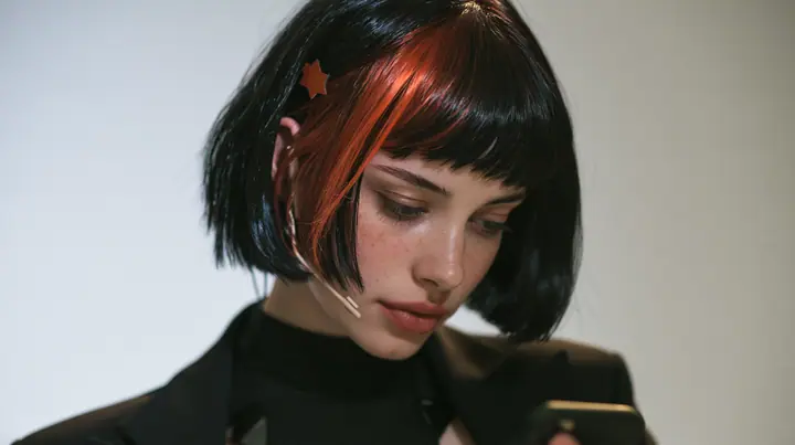 over-the-shoulder medium close-up, a 28-year-old Caucasian American woman with a grown-up angular face, defined cheekbones and a strong jawline, pale skin and light freckles, a glossy black blunt jaw-length bob with…