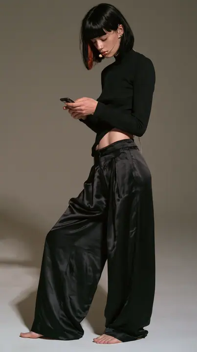 full-length shot, a Caucasian American woman in her late twenties with pale skin and a glossy black blunt bob with heavy straight bangs and one clay-orange streak, a thin headset microphone, in a black ribbed…
