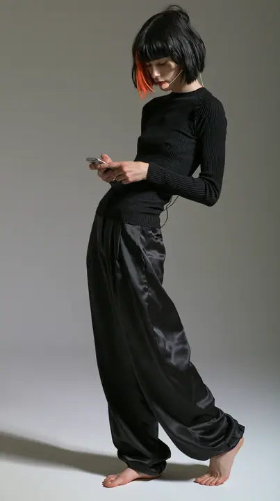 full-length shot, a Caucasian American woman in her late twenties with pale skin and a glossy black blunt bob with heavy straight bangs and one clay-orange streak, a thin headset microphone, in a black ribbed…