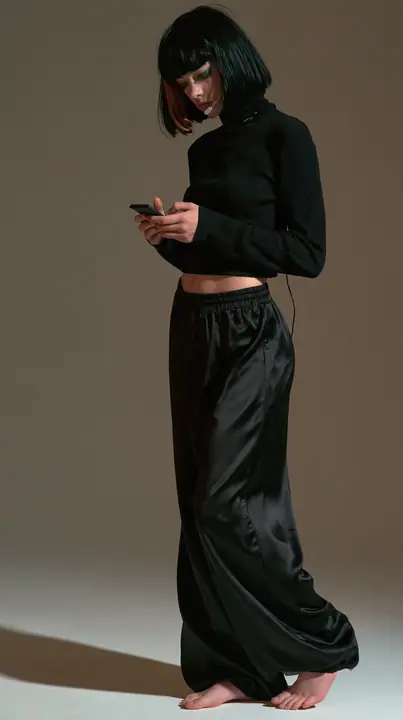 full-length shot, a Caucasian American woman in her late twenties with pale skin and a glossy black blunt bob with heavy straight bangs and one clay-orange streak, a thin headset microphone, in a black ribbed…