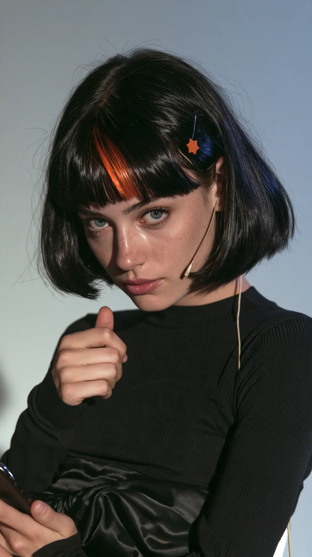 medium-full shot, a 28-year-old Caucasian American woman with a grown-up angular face, defined cheekbones and a strong jawline, pale skin and light freckles, a glossy black blunt jaw-length bob with heavy straight…