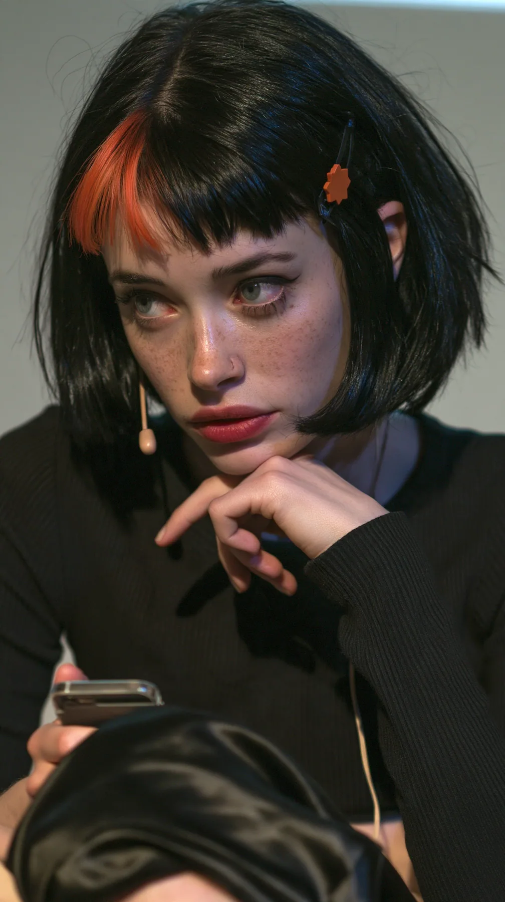 medium-full shot, a 28-year-old Caucasian American woman with a grown-up angular face, defined cheekbones and a strong jawline, pale skin and light freckles, a glossy black blunt jaw-length bob with heavy straight…