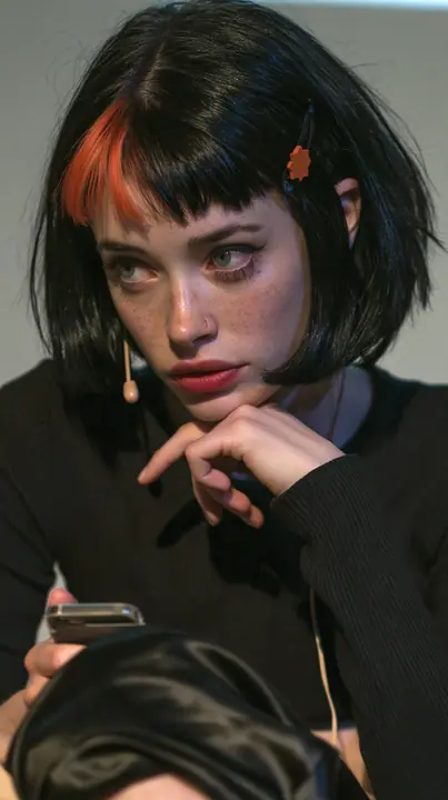medium-full shot, a 28-year-old Caucasian American woman with a grown-up angular face, defined cheekbones and a strong jawline, pale skin and light freckles, a glossy black blunt jaw-length bob with heavy straight…