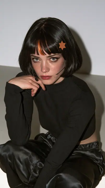 medium-full shot, a 28-year-old Caucasian American woman with a grown-up angular face, defined cheekbones and a strong jawline, pale skin and light freckles, a glossy black blunt jaw-length bob with heavy straight…