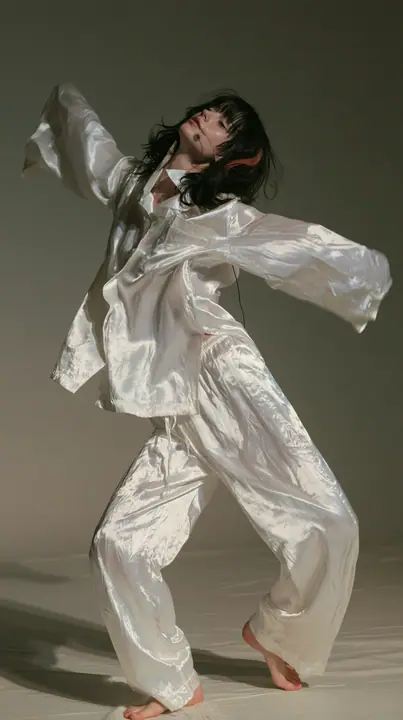 full-length shot, a Caucasian American woman in her late twenties with pale skin and a glossy black blunt bob with heavy straight bangs and one clay-orange streak, a thin headset microphone, in oversized white…