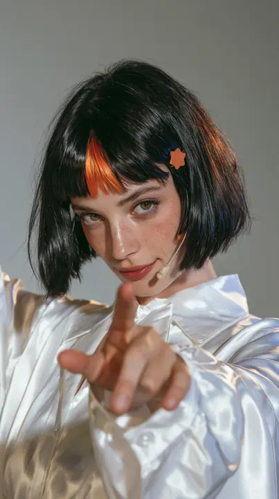 medium-full shot, a 28-year-old Caucasian American woman with a grown-up angular face, defined cheekbones and a strong jawline, pale skin and light freckles, a glossy black blunt jaw-length bob with heavy straight…