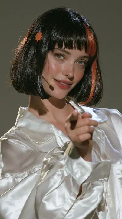 medium-full shot, a 28-year-old Caucasian American woman with a grown-up angular face, defined cheekbones and a strong jawline, pale skin and light freckles, a glossy black blunt jaw-length bob with heavy straight…