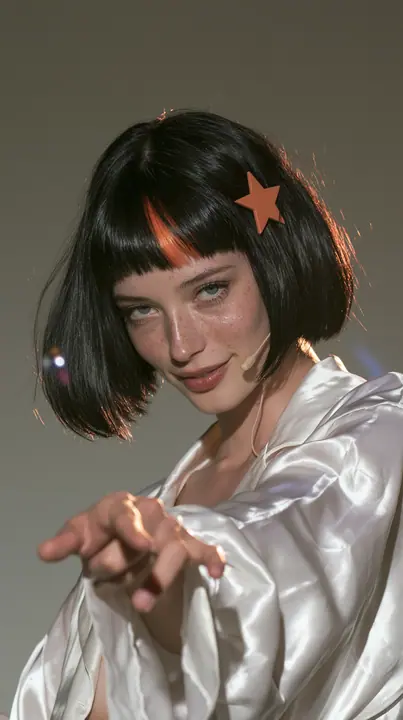 medium-full shot, a 28-year-old Caucasian American woman with a grown-up angular face, defined cheekbones and a strong jawline, pale skin and light freckles, a glossy black blunt jaw-length bob with heavy straight…