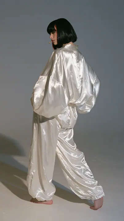 full-length shot from behind, a Caucasian American woman in her late twenties with pale skin and a glossy black blunt bob with heavy straight bangs and one clay-orange streak, a thin headset microphone, in oversized…